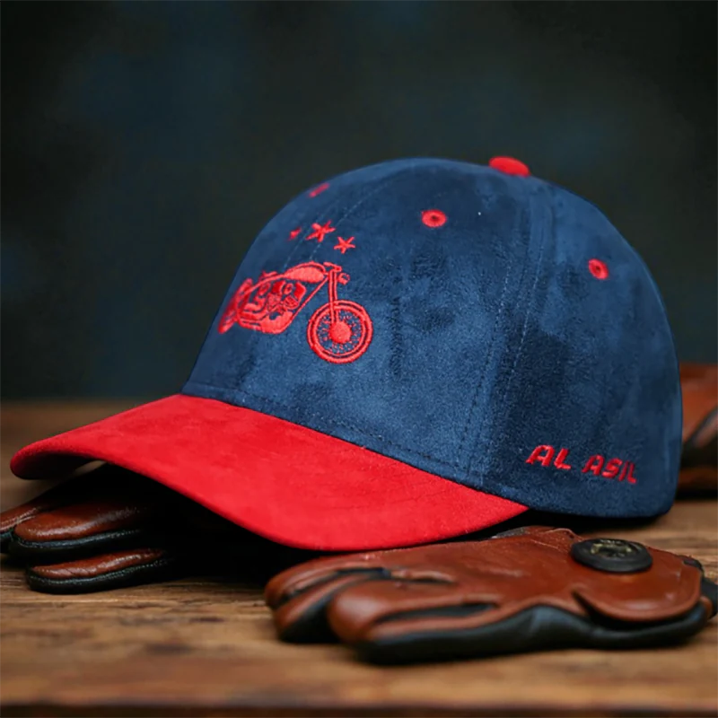 CP1241 Blue & Red Baseball Cap with Vintage Motorcycle Embroidery