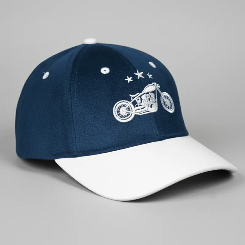 CP1243 Blue & White Baseball Cap with Vintage Motorcycle Embroidery - Image 5