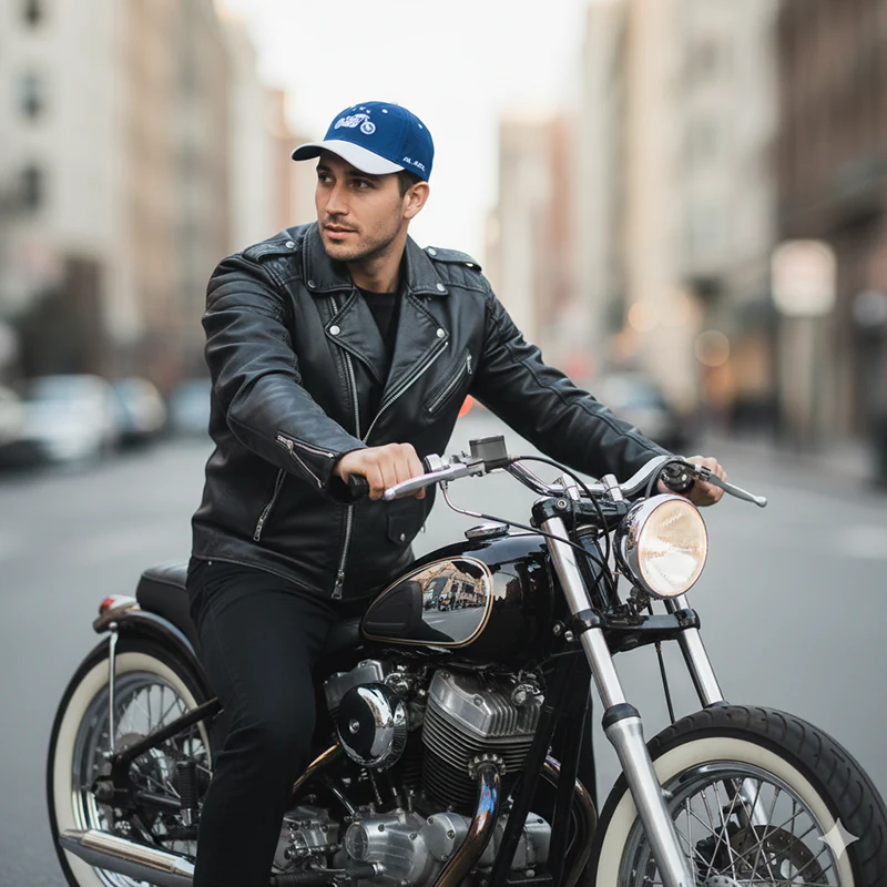 CP1243 Blue & White Baseball Cap with Vintage Motorcycle Embroidery - Image 2