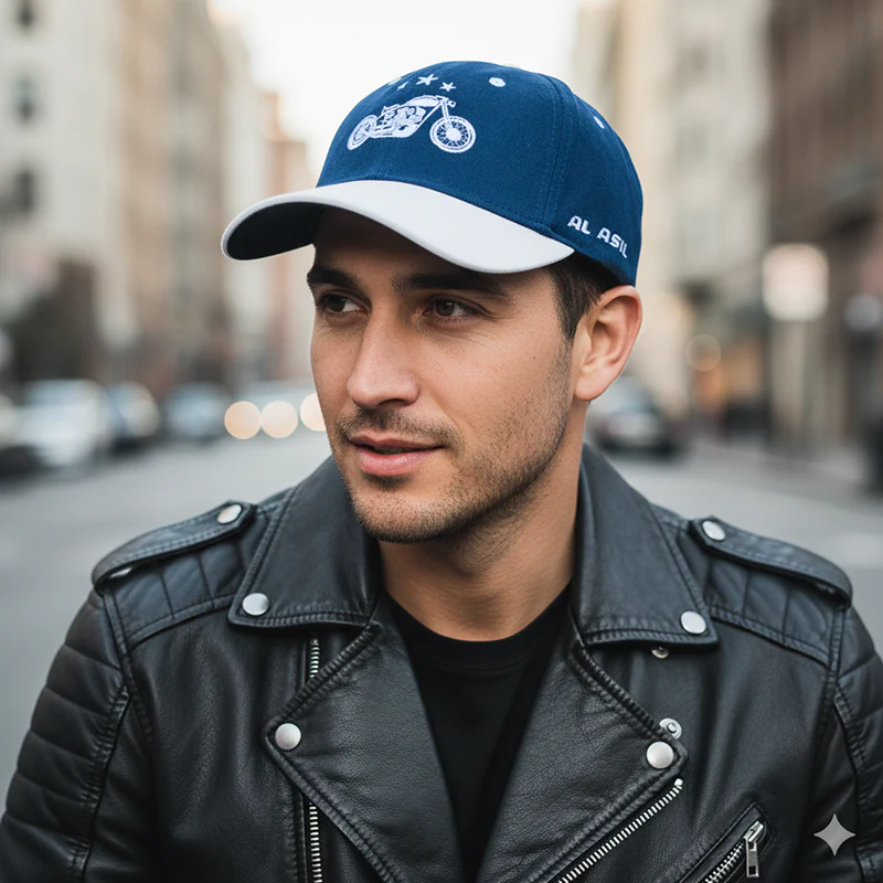 CP1243 Blue & White Baseball Cap with Vintage Motorcycle Embroidery - Image 6