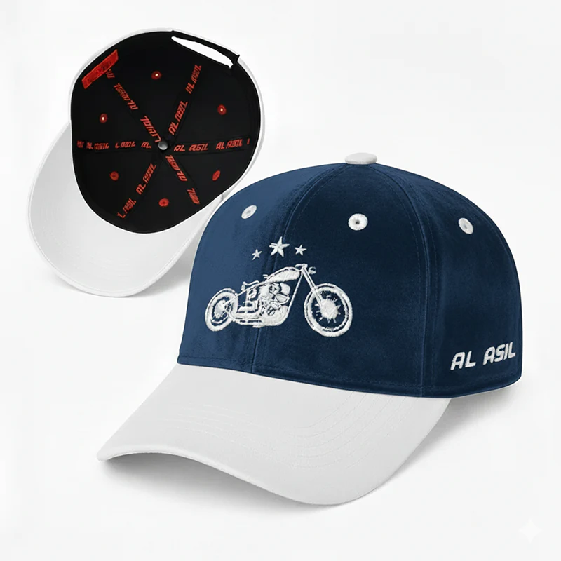 CP1243 Blue & White Baseball Cap with Vintage Motorcycle Embroidery - Image 3