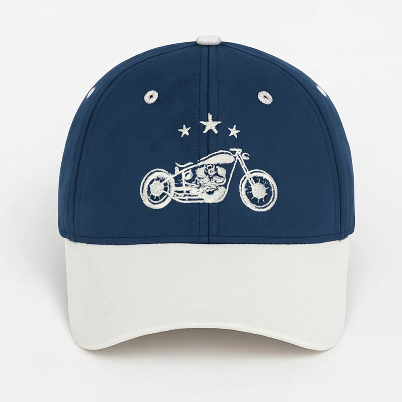 CP1243 Blue & White Baseball Cap with Vintage Motorcycle Embroidery - Image 4