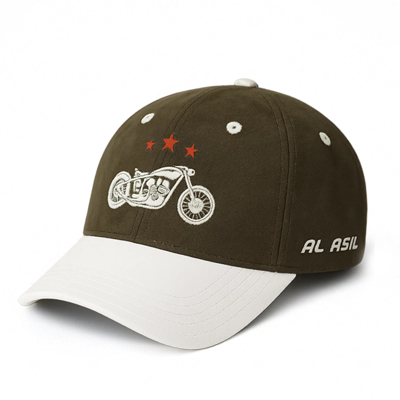 CP1244 Olive & White Baseball Cap with Vintage Motorcycle Embroidery