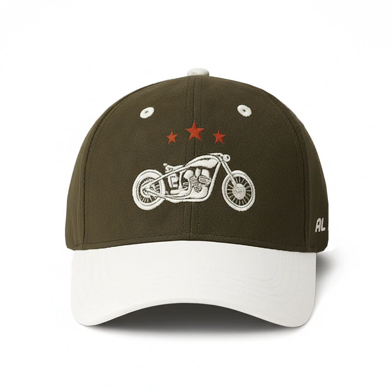CP1244 Olive & White Baseball Cap with Vintage Motorcycle Embroidery - Image 3