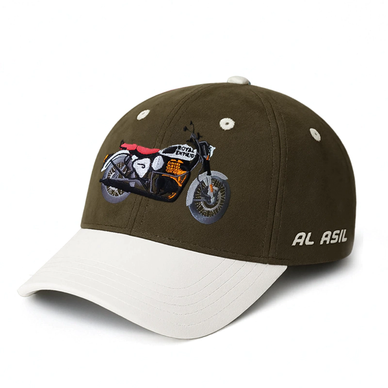 CP1245 Olive & White Baseball Cap with Colorful Motorcycle Embroidery