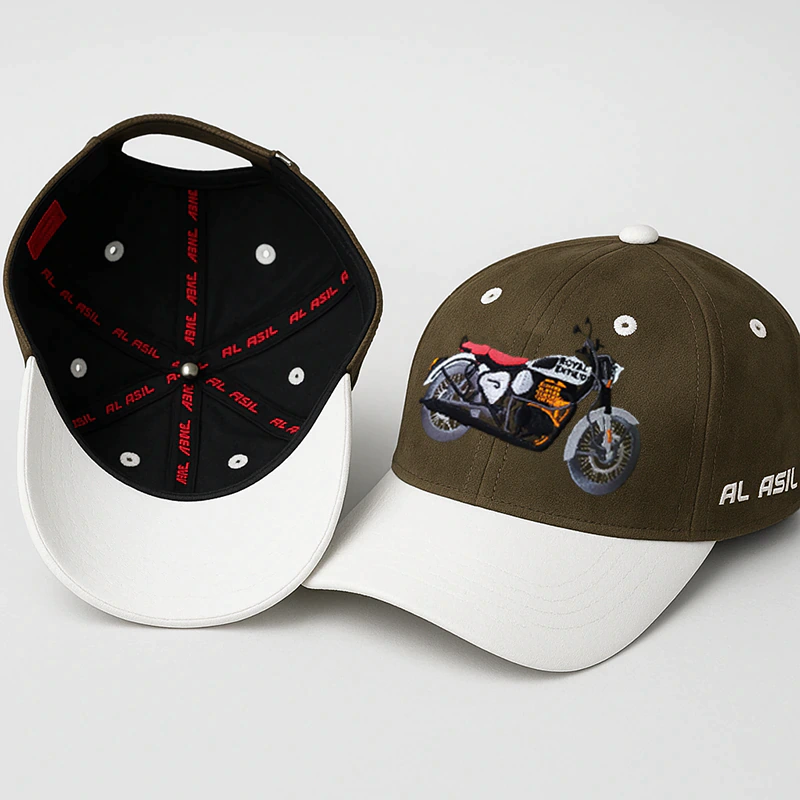 CP1245 Olive & White Baseball Cap with Colorful Motorcycle Embroidery - Image 4